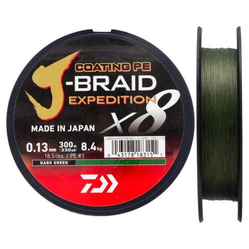 DAIWA J Braid Expedition X8E Braided Cord 150m 0,06mm 5,2kg fonott zsinór Dark Green (12551-006)