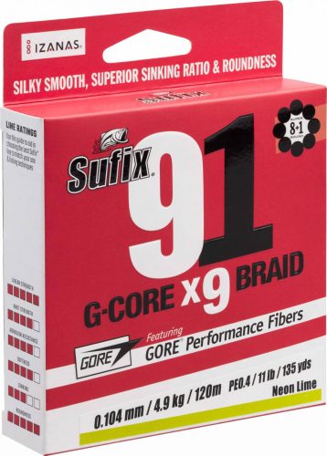 Sufix 91 G-Core Braid  9 szálas fonott zsinór 0,128mm 6,3kg 150m LO VIS GREEN (ASU640787)