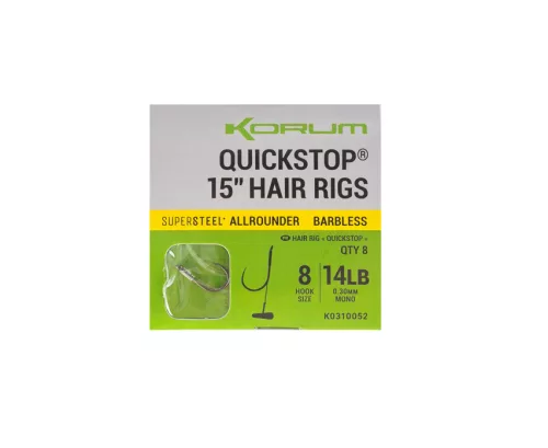 Korum 15" Big Fish Hair Rigs W Quickstops Size  8 Barbless szakáll nélküli előkötött horog 8db  (K0310052)