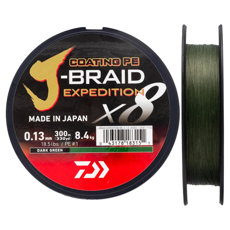 Image of DAIWA J Braid Expedition X8E Braided Cord 150m 0,10mm 6,9kg fonott zsinór Dark Green (12551-010)