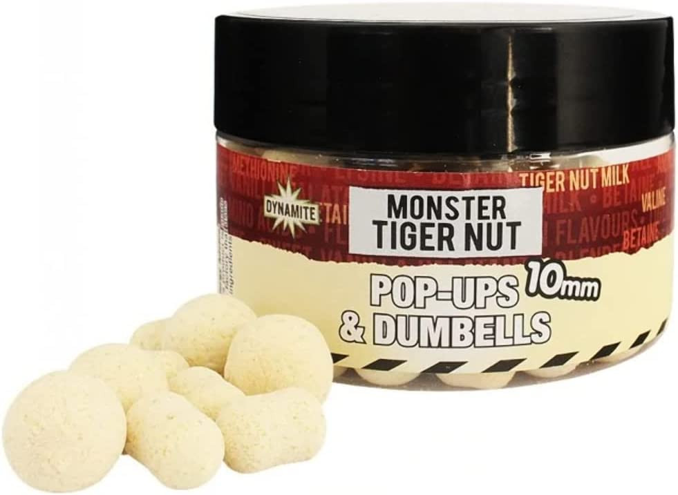 Image of Dynamite Baits Bojli Monster Tigernut Fluro Pop-Ups &amp; Dumbells - fehér 10mm (DY326)