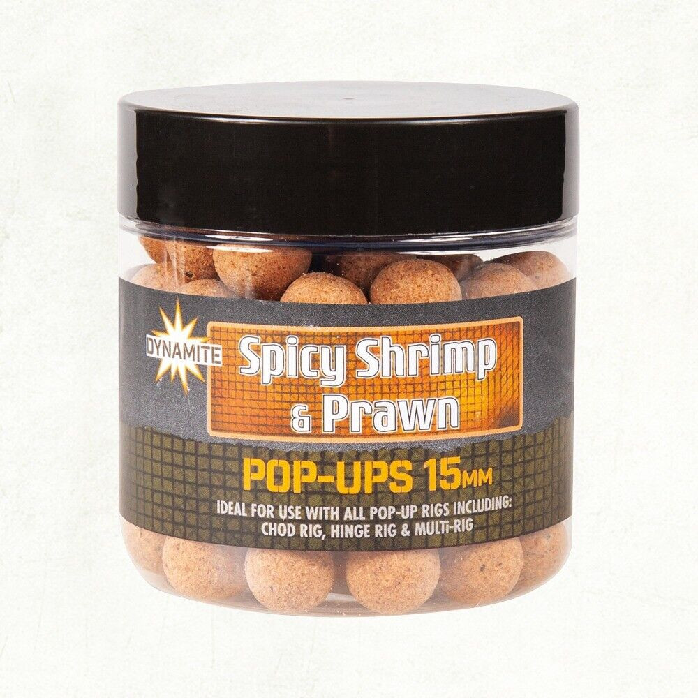 Image of Dynamite Baits Foodbait Pop-Ups - Spicy Shrimp &amp; Prawn 15mm bojli (DY976)